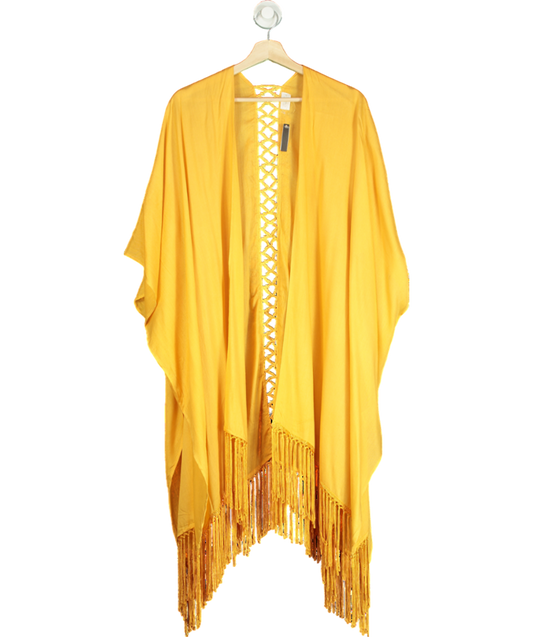 Elizabeth Gillett Yellow Solid Fringe Lace Kimono One Size