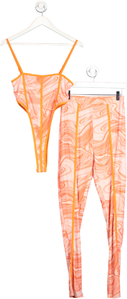 Fashion Nova Orange Sorbet Swirl Mesh Legging And Bodysuit Set UK M