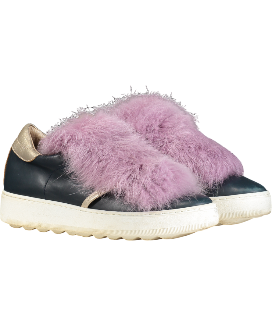 PHILIPPE MODEL Navy/ Purple Fur Trim Leather Trainers UK 5 EU 38 👠