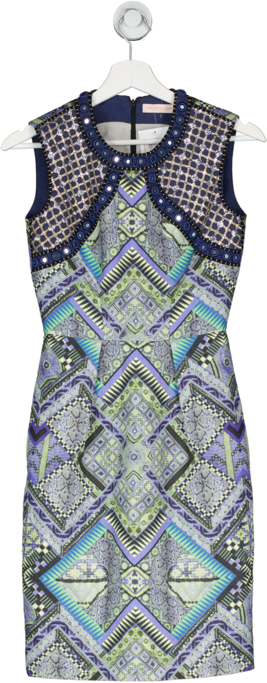 matthew Williamson Blue Raj Linen Embellished Shift Dress UK 6