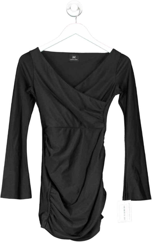 Ruched & Ready Black Bardot Ruched Mini Dress UK S