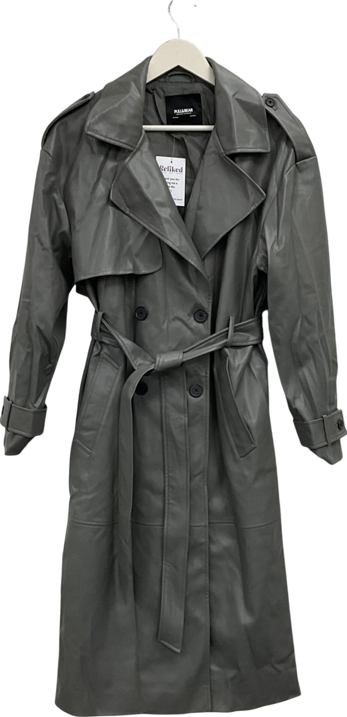 Pull&Bear Grey Belted Faux Leather Trench Coat UK M