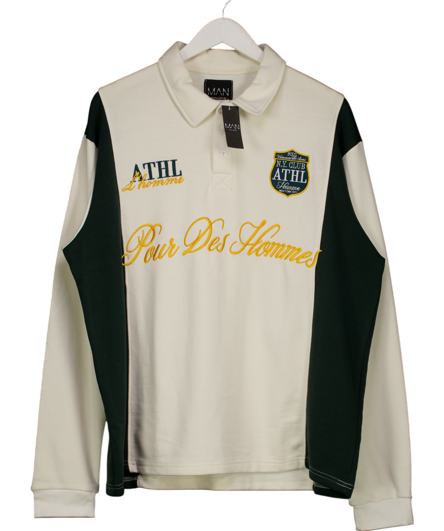 boohooMan Cream Stripe Rugby Polo Shirt UK L