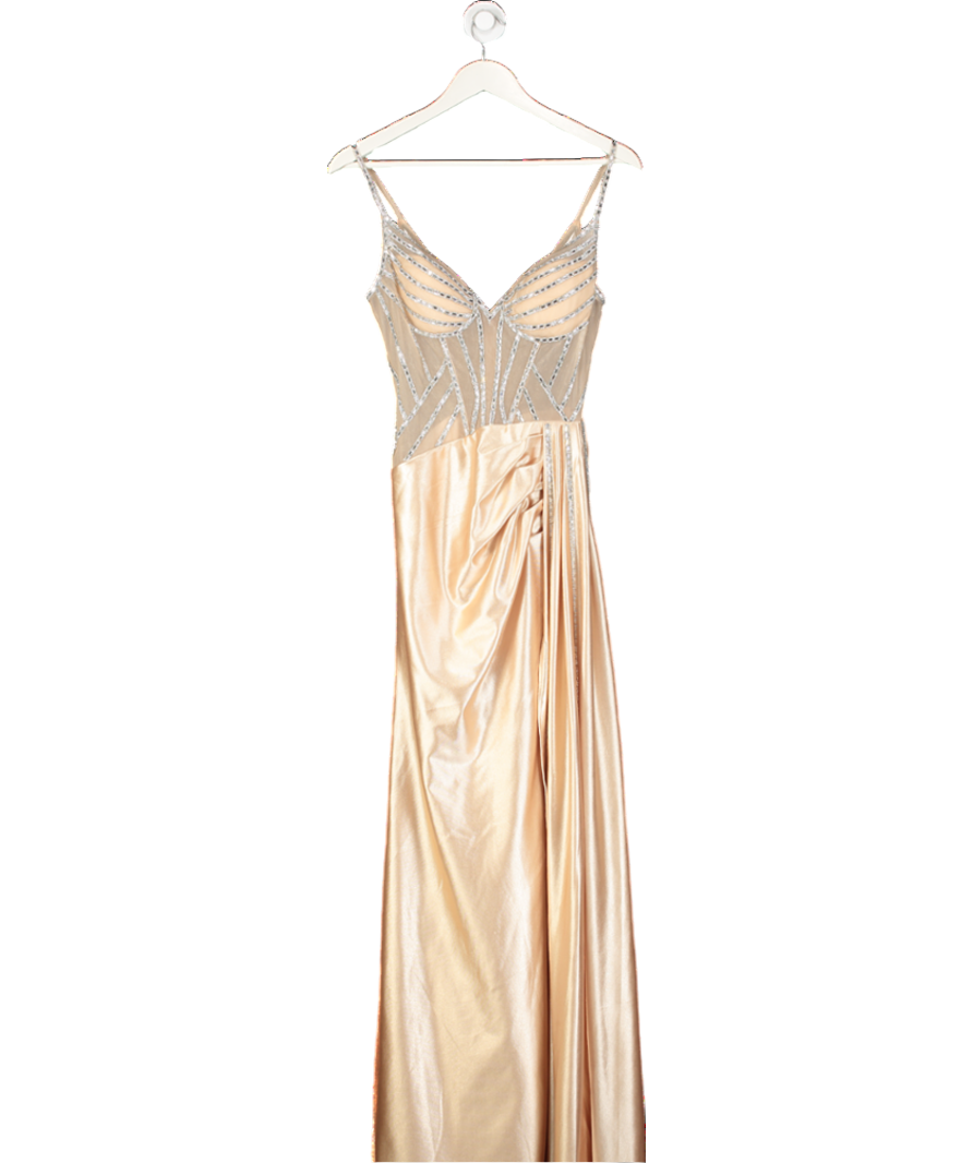 Ladivine Nude Embellished Mesh Corset Dress With Satin Skirt UK S