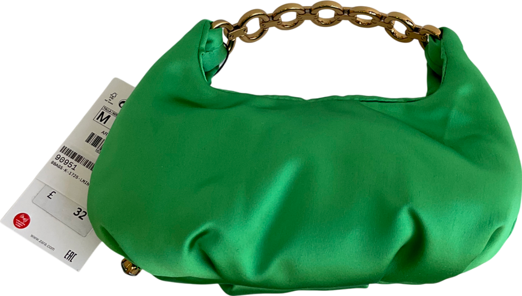 ZARA Green Satin Embellished Bag With Chain Handle One Size