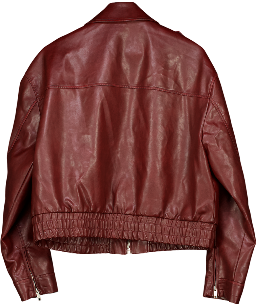 Topshop Red Faux Leather Cropped Collar Bomber Jacket UK M
