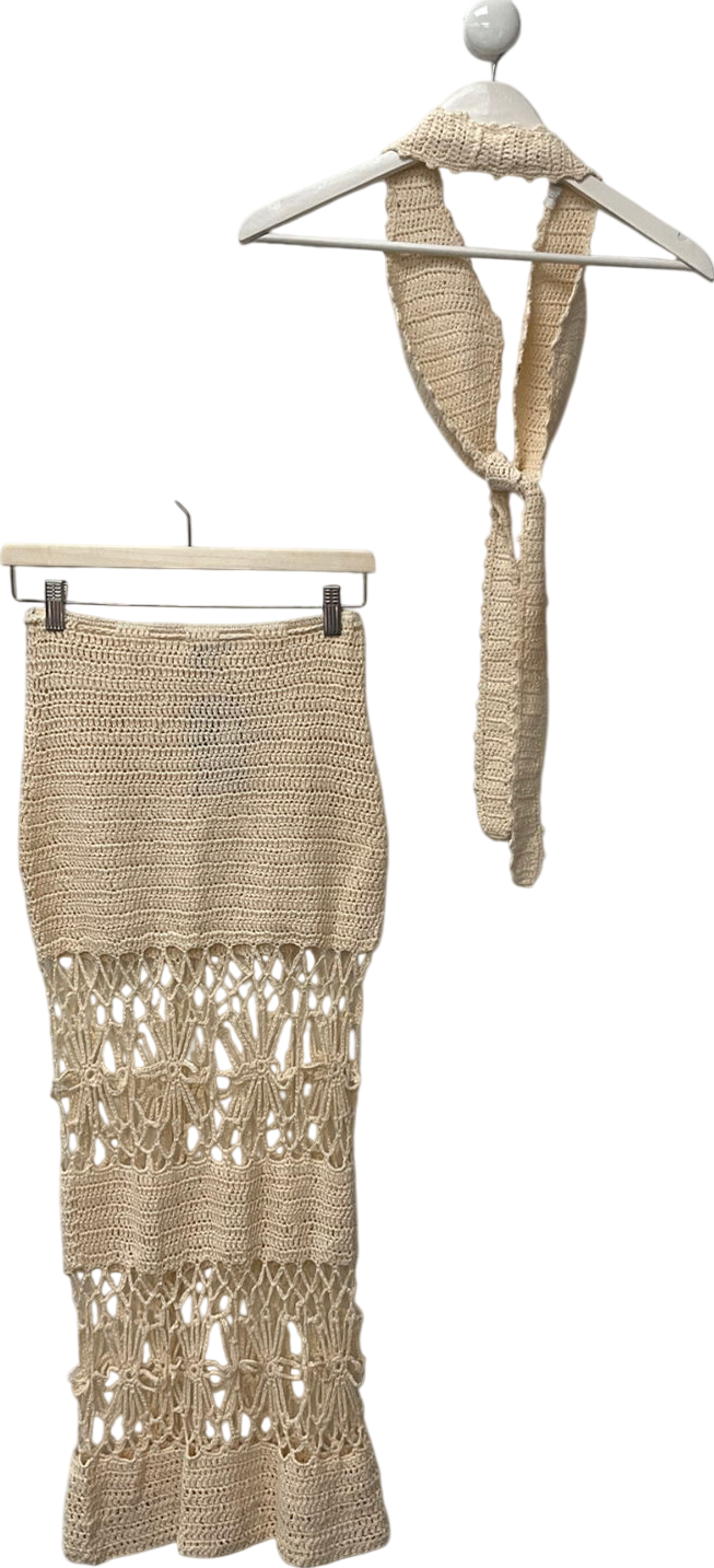 PrettyLittleThing Beige Cream Crochet Maxi Beach Skirt & Halter Neck Top UK 10