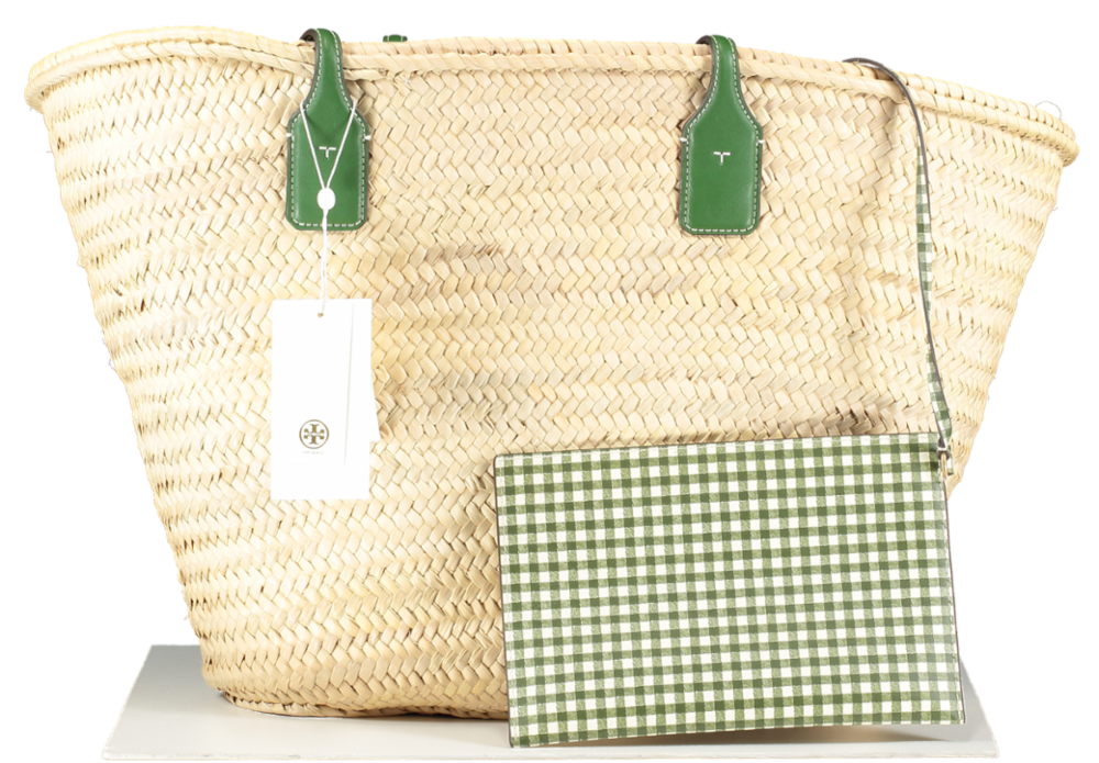 Tory Burch Ella Embroidered Straw Logo Basket Tote Bag