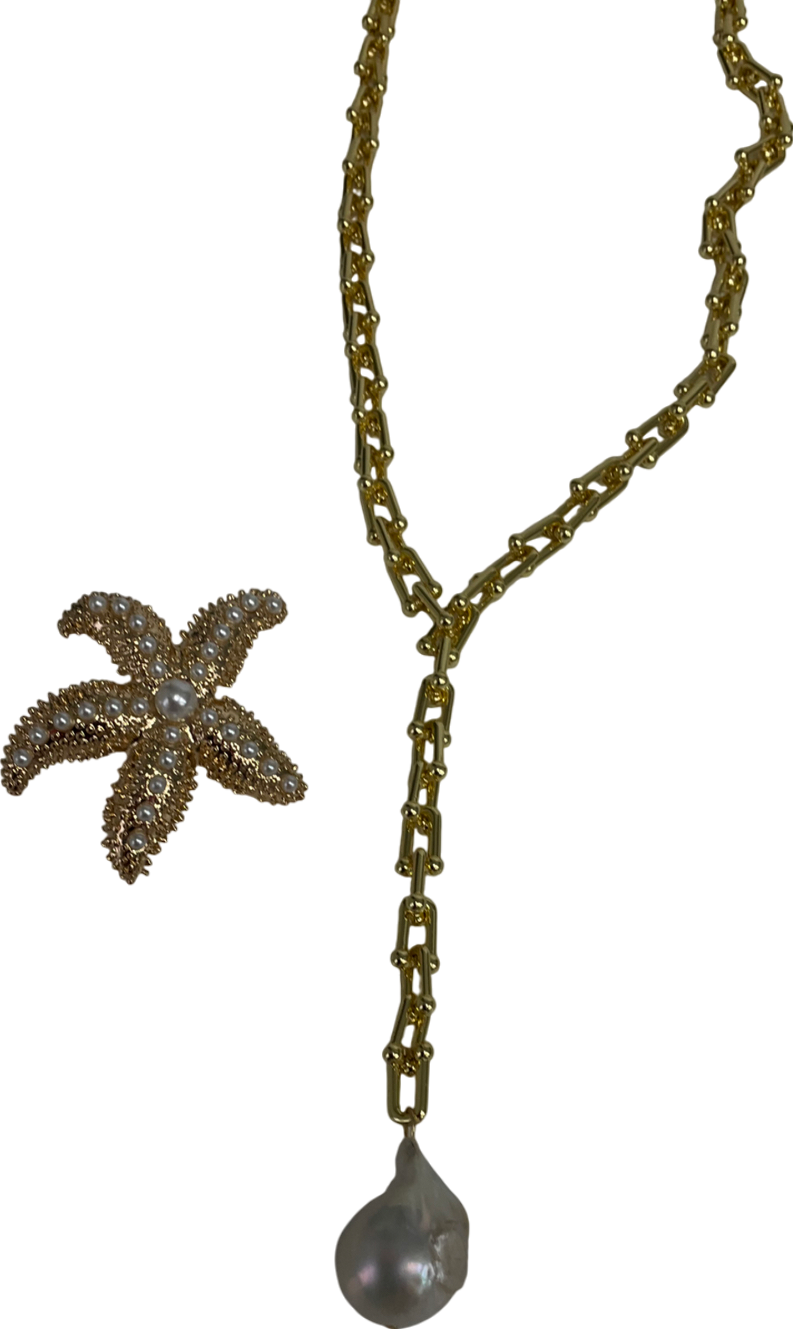 Metallic Gold Choker With Pendant & One Star-fish Earring One Size