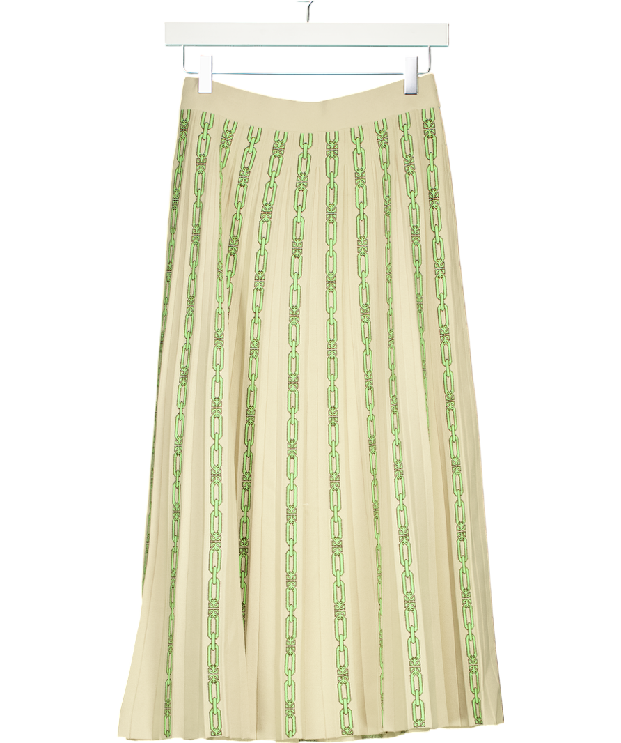 Tory Burch Ivory /Green Pleated Knit Midi Skirt UK 8