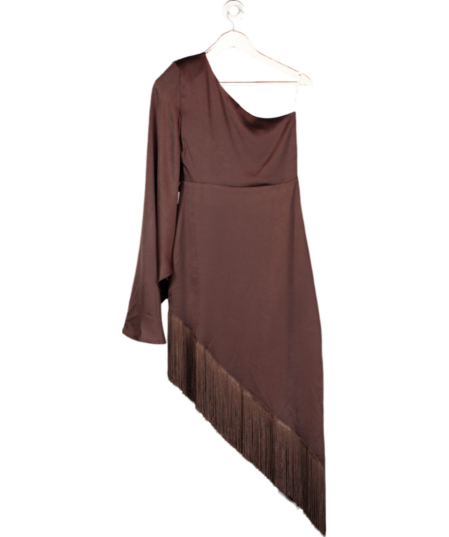 Lady Pippa Brown Asymmetric Satin Dress With Fringe Trim UK XS
