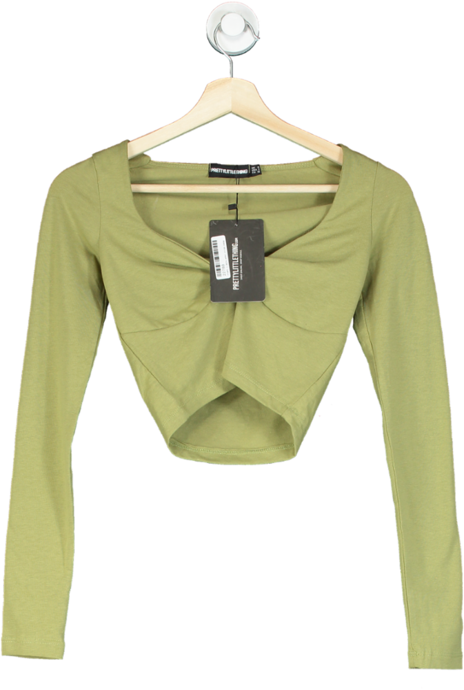 Pretty Little Thing Khaki Cotton Twist Front Long Sleeve Crop Top UK 10