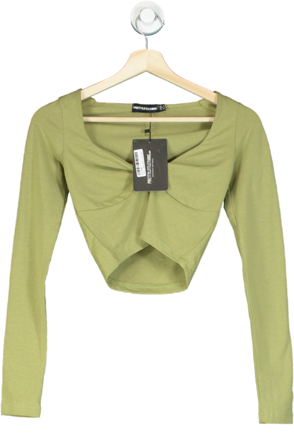 Pretty Little Thing Khaki Cotton Twist Front Long Sleeve Crop Top UK 10