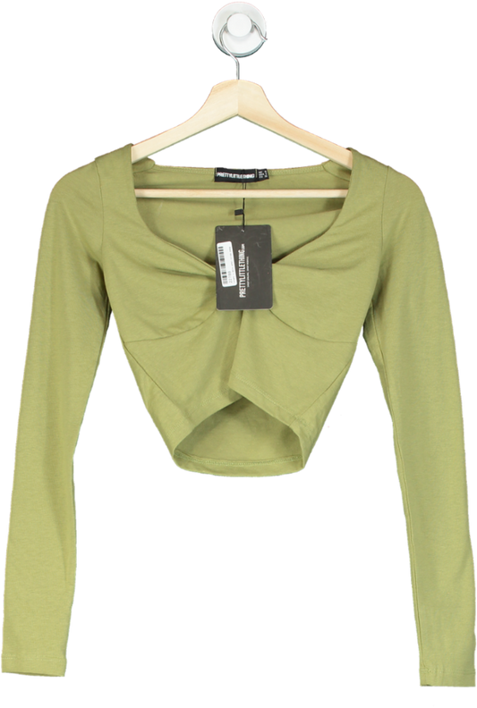 Pretty Little Thing Khaki Cotton Twist Front Long Sleeve Crop Top UK 10