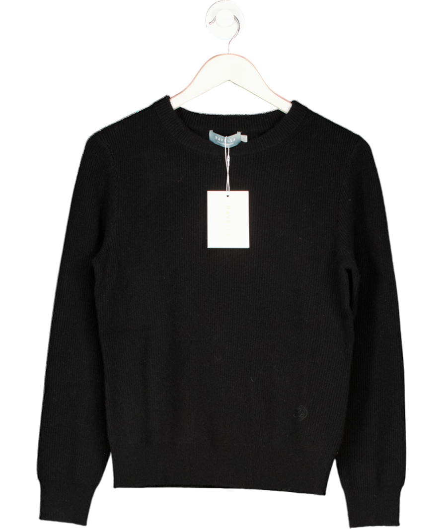 RAVELLA Black Luxe 100% Double Ply Pure Cashmere Classic Crew Neck Jumper UK S