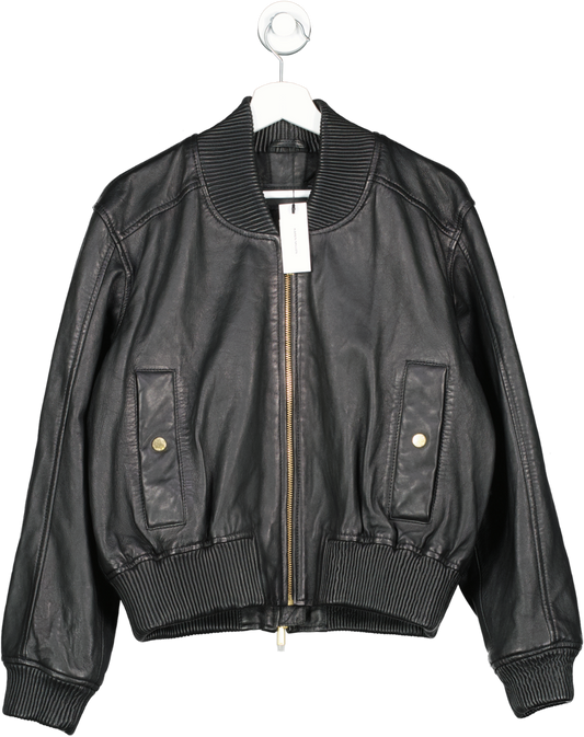 Karen Millen Black Washed Leather Zip Bomber Jacket UK 12