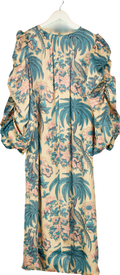 ByTIMO Nude / Pink / Blue Birds Printed Crépe Satin Relaxed Puff Sleeve Midi Dress UK S