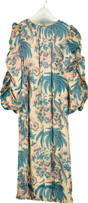 ByTIMO Nude / Pink / Blue Birds Printed Crépe Satin Relaxed Puff Sleeve Midi Dress UK S