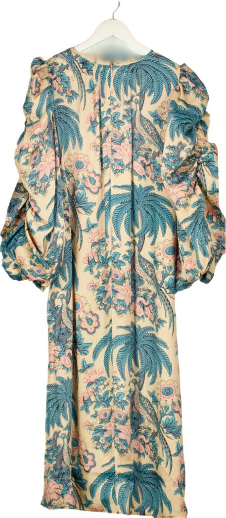 ByTIMO Nude / Pink / Blue Birds Printed Crépe Satin Relaxed Puff Sleeve Midi Dress UK S
