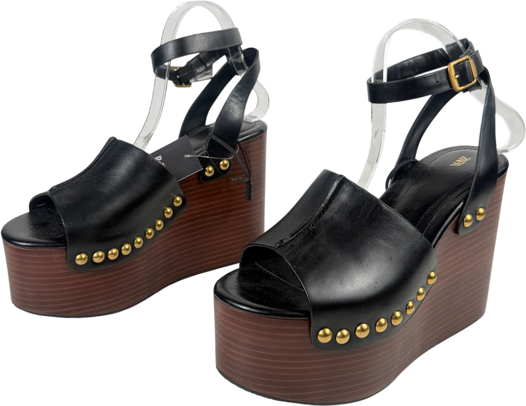 ZARA Black Leather Platform Wedge Sandal UK 6 EU 39 👠