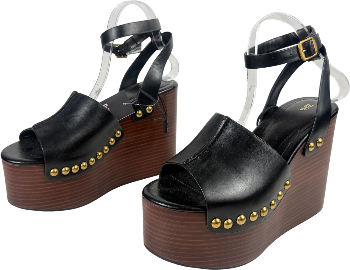 ZARA Black Leather Platform Wedge Sandal UK 6 EU 39 👠