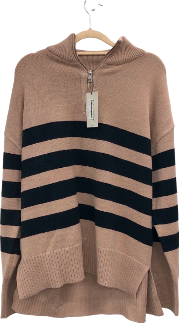 Next Beige and Black Striped Zip-Up Jumper UK 10