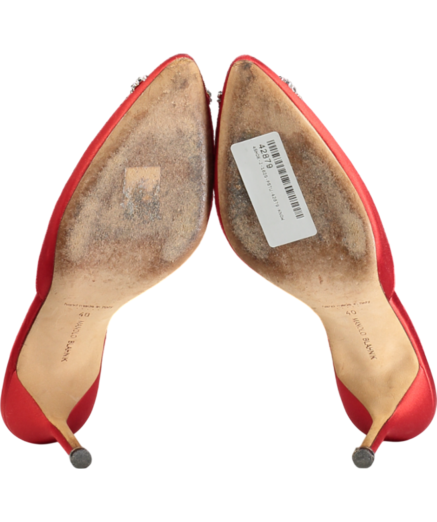 Manolo Blahnik Red Satin Jewel Buckle Hangisi Mules 70mm UK 7 EU 40 👠