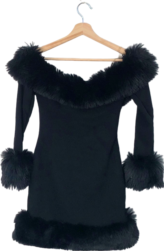 house of cb Keilani Long Sleeve Minidress with Faux Fur Trim UK XS