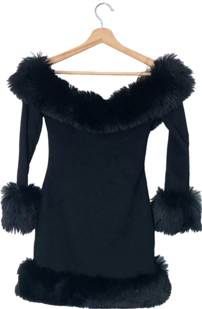 house of cb Keilani Long Sleeve Minidress with Faux Fur Trim UK XS