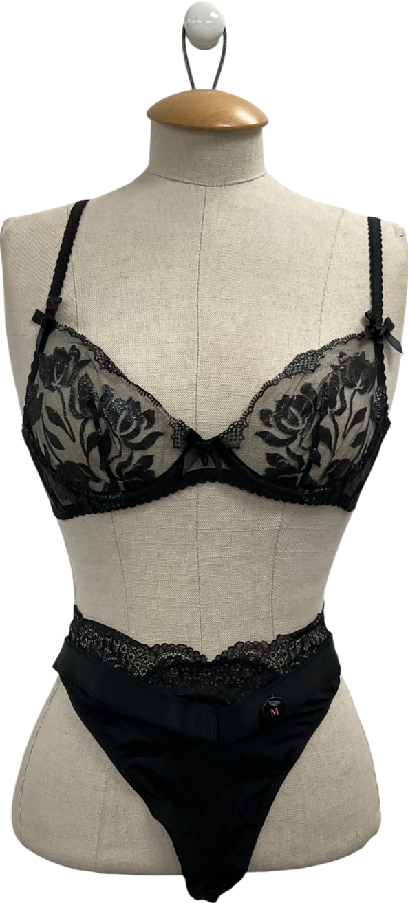 hunkemuller Black Luna Underwired Bra & Thong UK 10