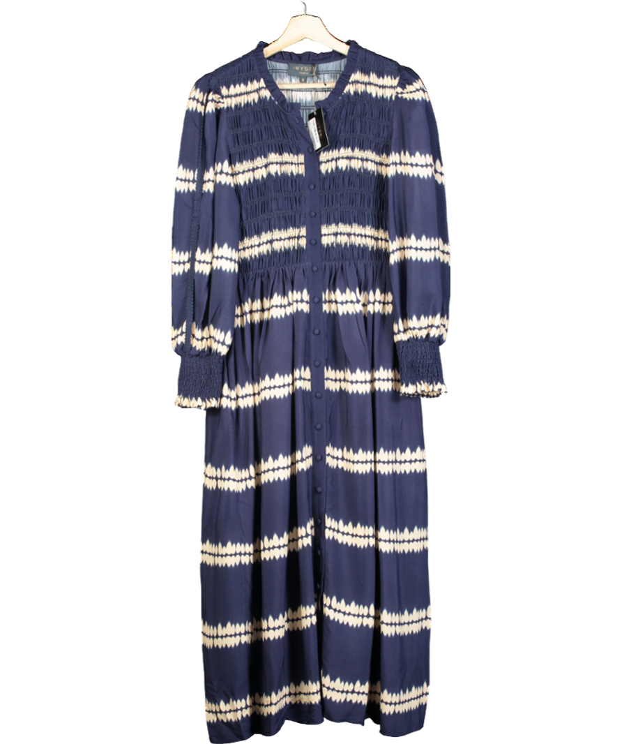 WYSE LONDON Blue and Cream Aggie Shibouri Dress - Midnight/Ivory UK 8