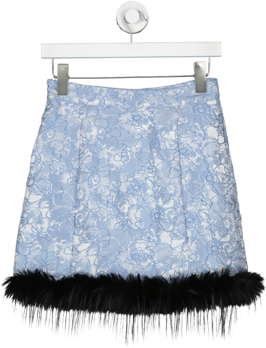 SHEIN Blue Floral Print Fuzzy Fur Trimmed Mini Skirt UK S