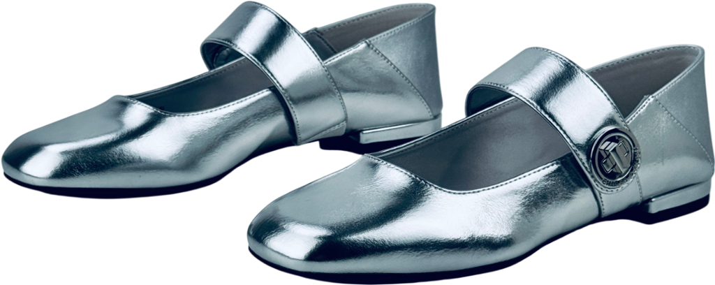 CHARLES & KEITH Metallic Silver Yara Mary Jane Flats UK 4 EU 37 👠