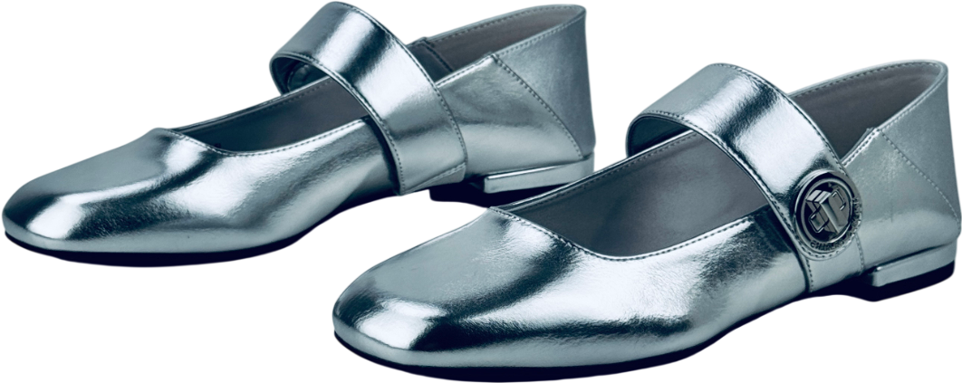CHARLES & KEITH Metallic Silver Yara Mary Jane Flats UK 4 EU 37 👠