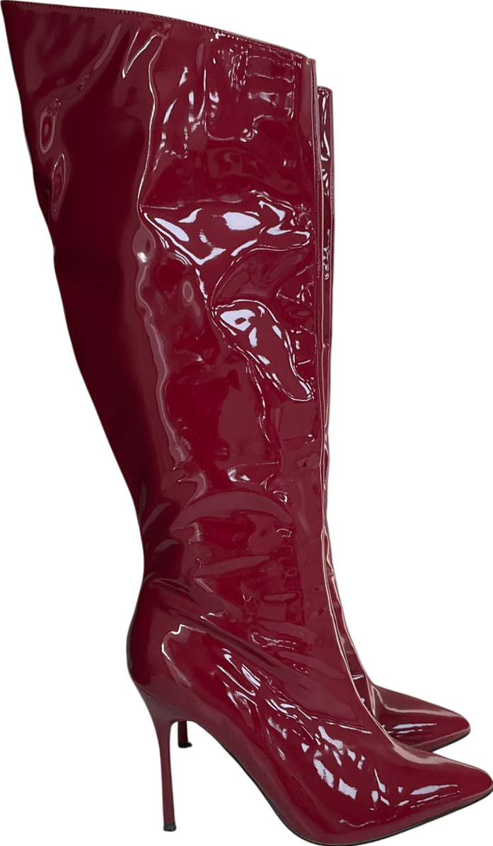 PrettyLittleThing Cherry Red Point Toe Patent Pu Angled Edge Knee High Heeled Boots UK 9 EU 42 👠