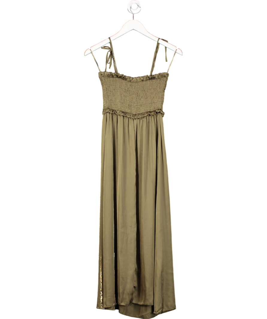 River Island Olive Green Satin Shirred Midi Dress UK 6