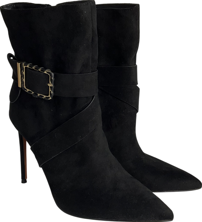 River Island Black Pointed Toe Heeled Boots With Buckle UK 7 EU 41 👞