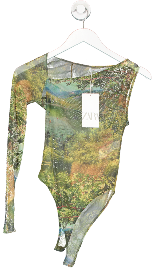 ZARA Green Mesh One Sleeve Bodysuit With Summer Lake Scene UK S