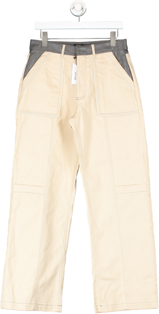 Nasty Gal Beige Twill & Faux Leather Straight Leg Pants UK 12