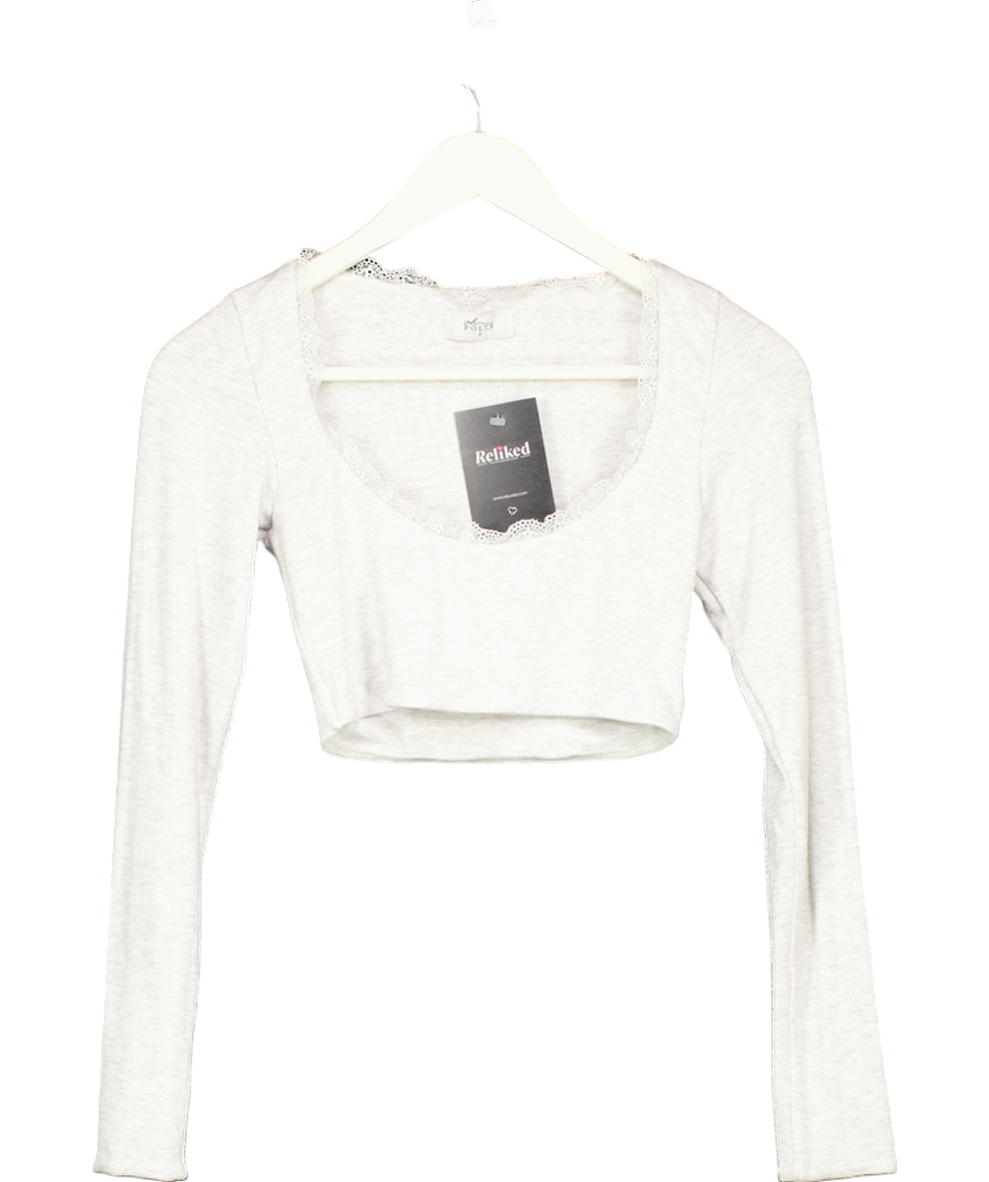 Oh Polly Grey Calla Ribbed Modal Lace-trim Crop Top UK S