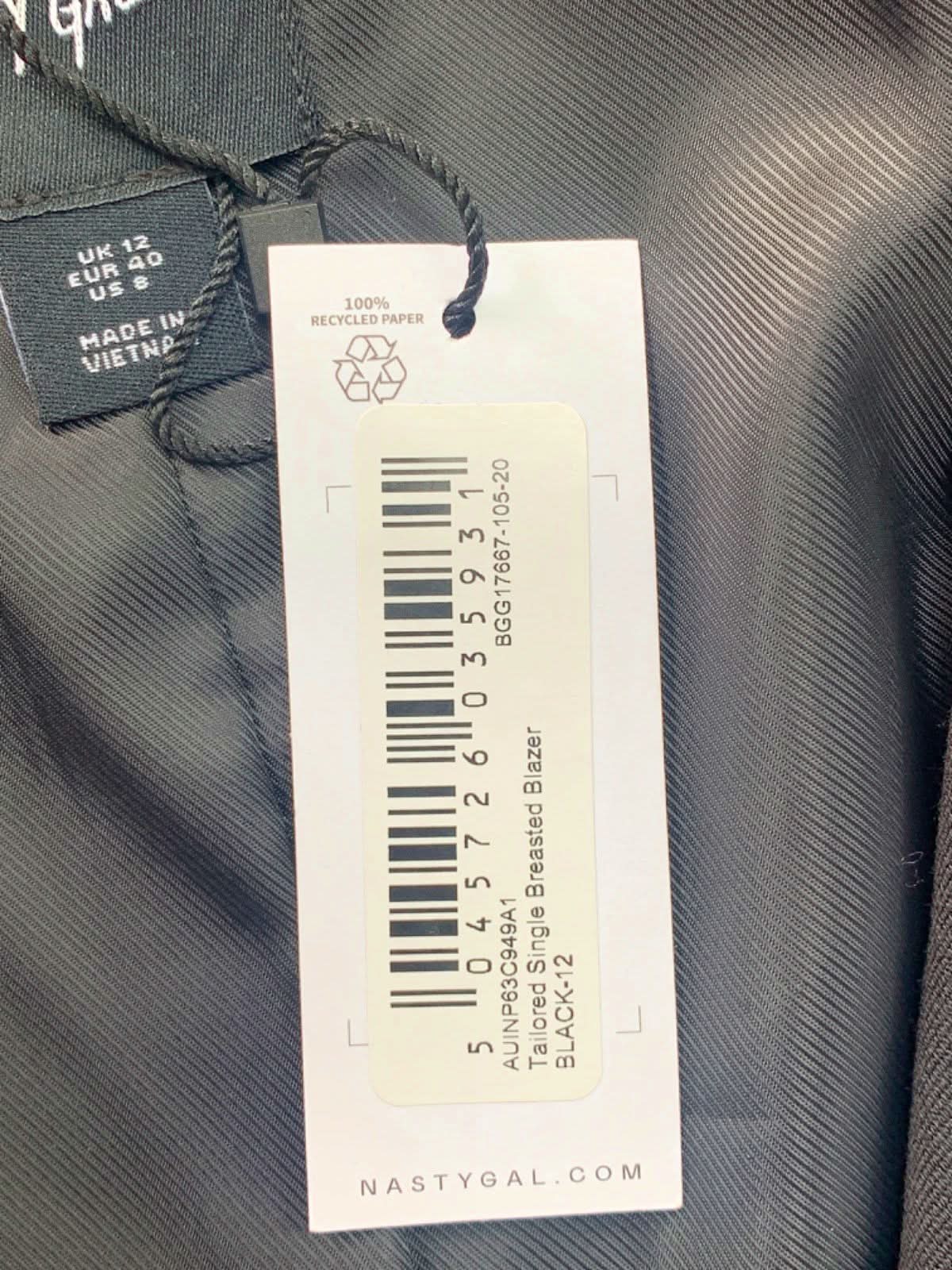 Nasty Gal Black Tailored Single Breasted Blazer UK 12