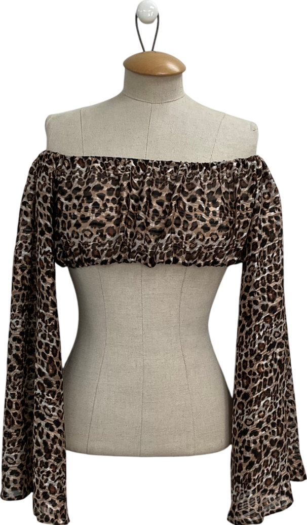 Lola Rae Brown Kyma Leopard Print Flared Sleeved Off The Shoulder Top UK S/M