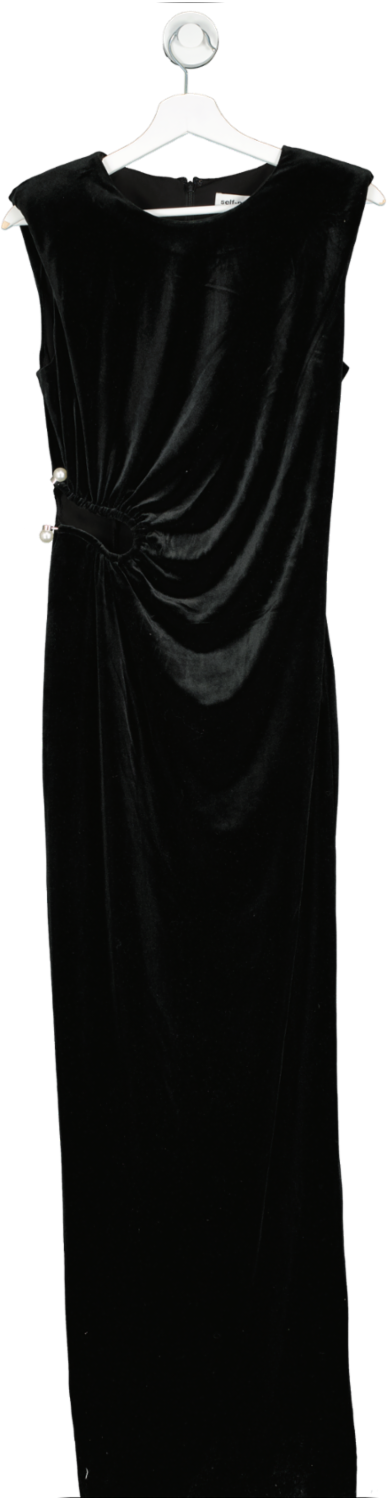 Self-Portrait Black Cutout Gathered Faux Pearl-embellished Velvet Gown UK 12