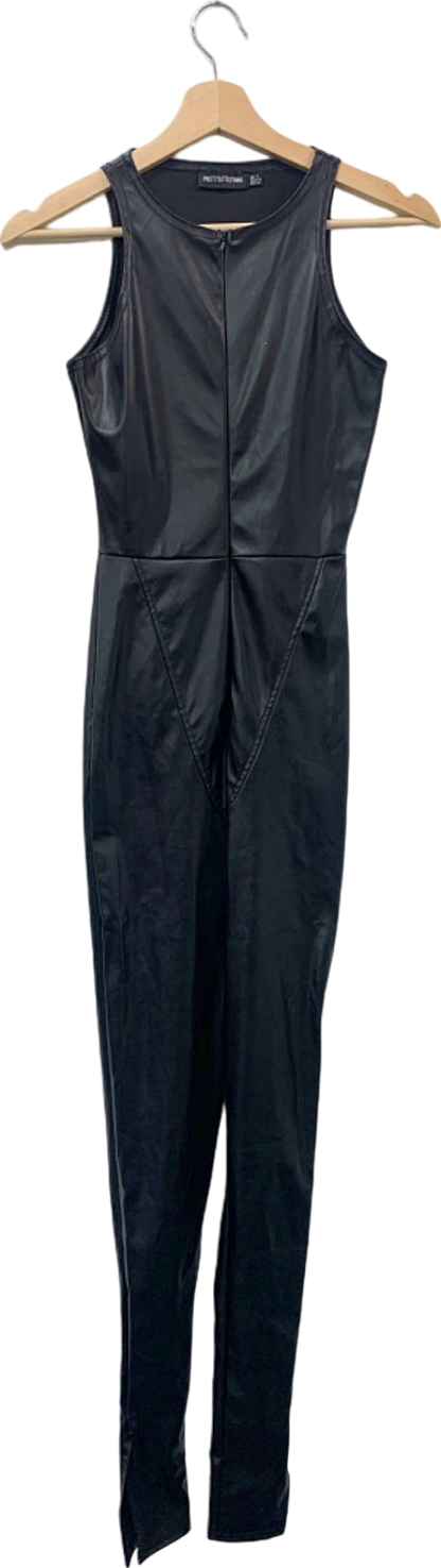 PrettyLittleThing Black Faux Leather Jumpsuit Size UK 4