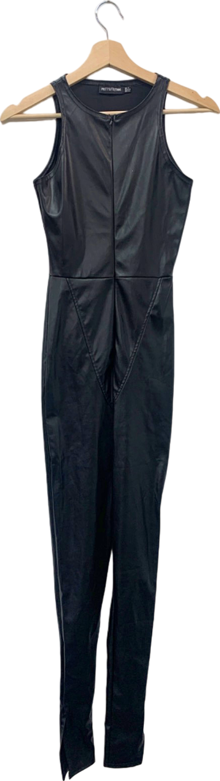 PrettyLittleThing Black Faux Leather Jumpsuit Size UK 4
