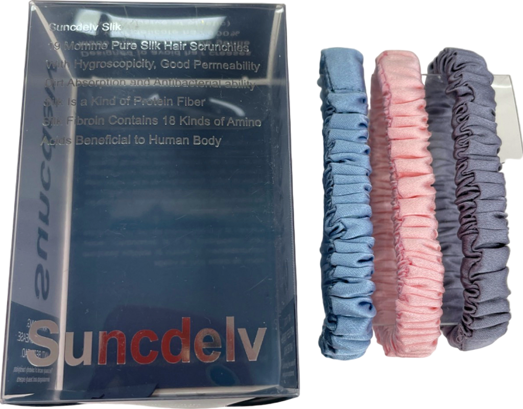 .Silk Pink/Blue/Grey Pure 100% Silk Hair Scrunchies Set of 3