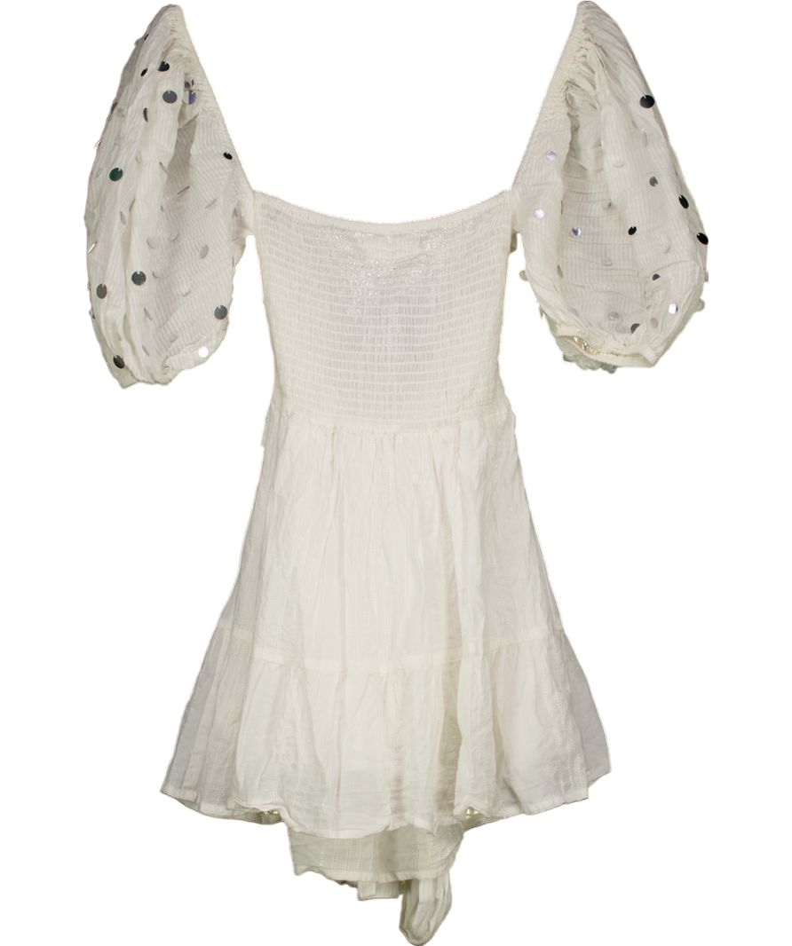 Sundress White Cotton Bardot Puff Sleeve Sequin Mini Dress UK XS/S