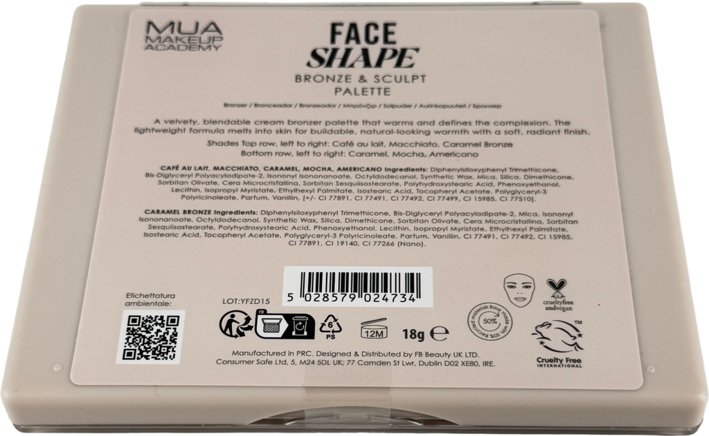 MUA Face Shape Palette, Bronze & Sculpt, 6 Cream Shades | Cream Contour & Bronzer Palette, Buildable & Blendable Formula With Vitamin E For Face, Eyes & Cheeks, Vegan & Cruelty Free 18g