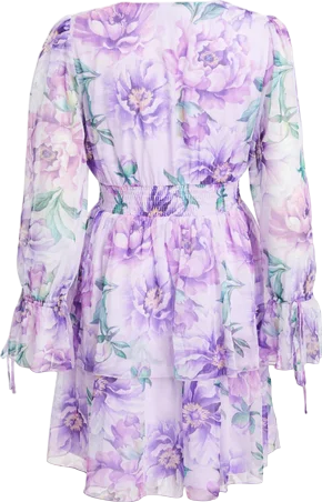 QUIZ  Lilac Chiffon Floral Tiered Long Sleeve Mini Dress UK 12