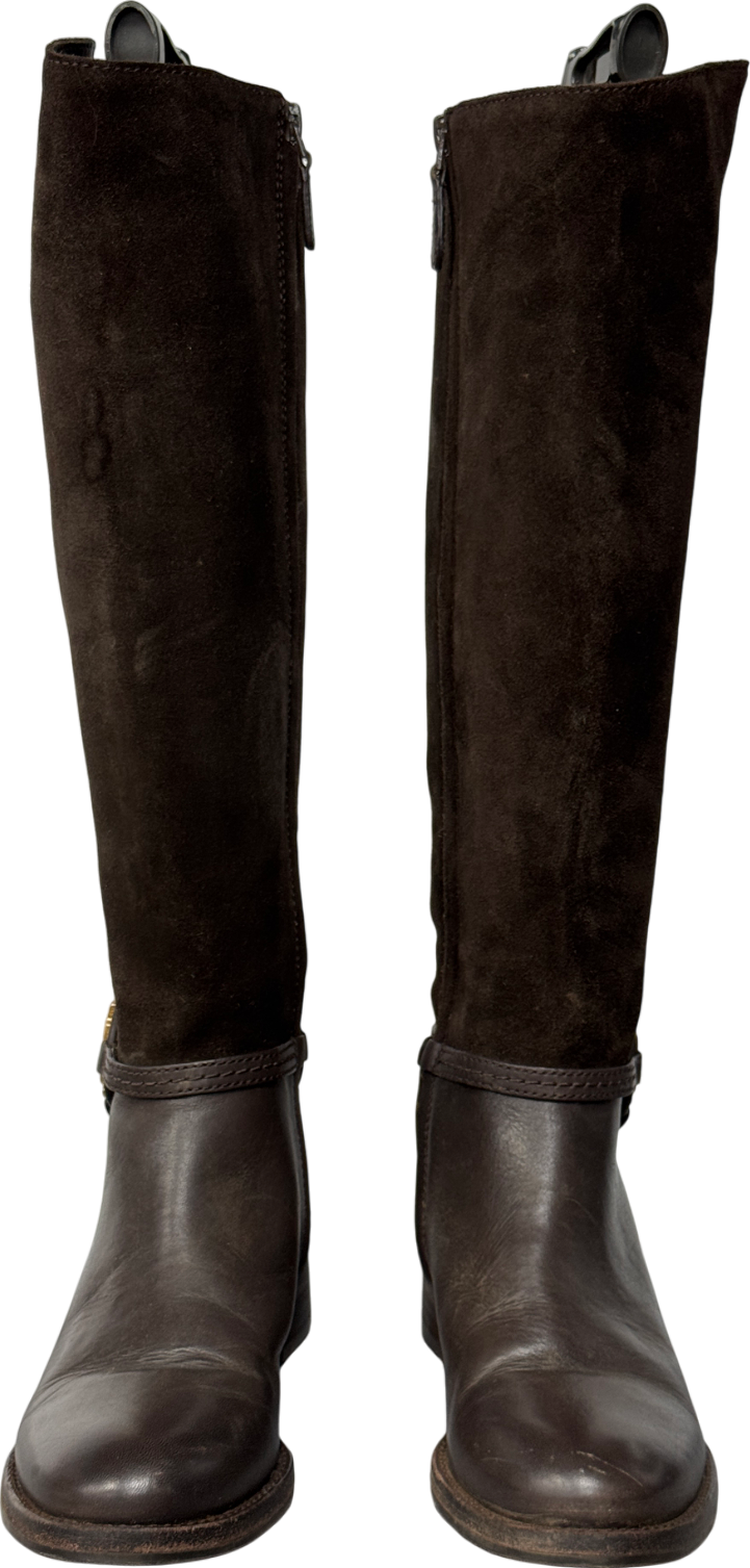 Tory Burch Chocolate Brown Leather And Suede Riding Boots With Gold Logo Hardware Us6 UK 4 EU 37 👠